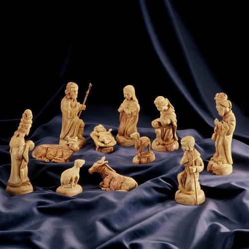 Krippenfiguren aus Olivenholz. Bethlehem KLASSISCH. Höhe 13 cm. 11-teiliges Krippenspiel aus Holz geschnitzt.